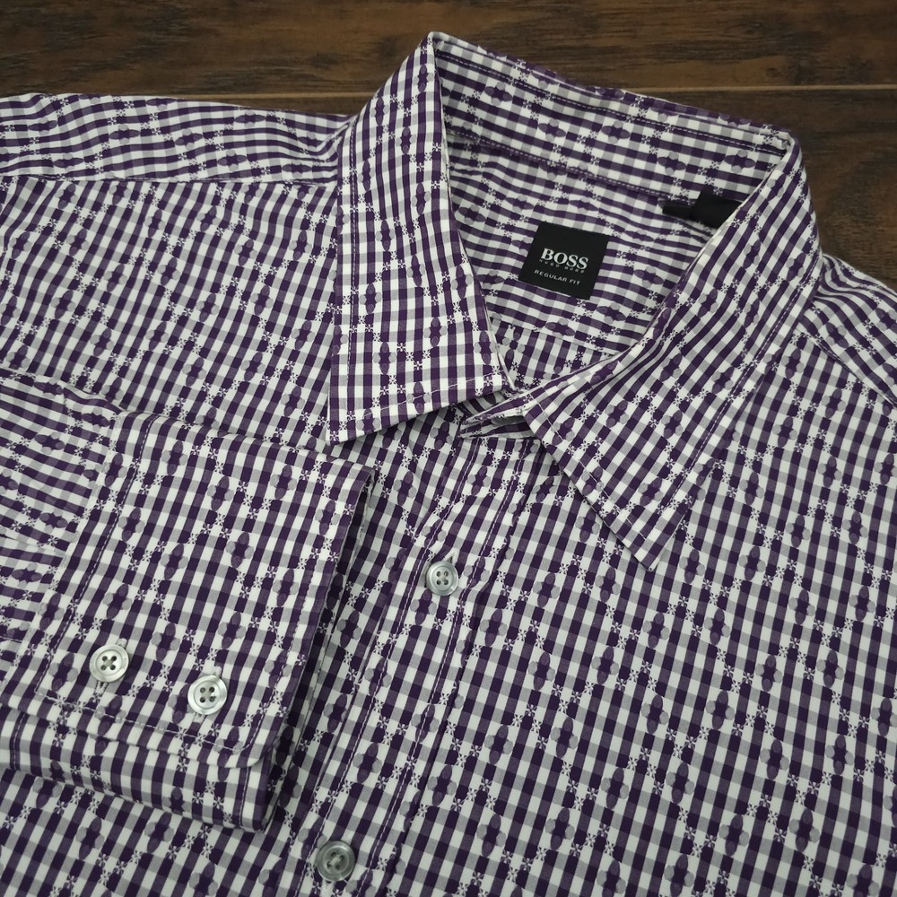 Hugo Boss Mens XL Purple Microcheck Textured Shirt  Preppycore Designer Business